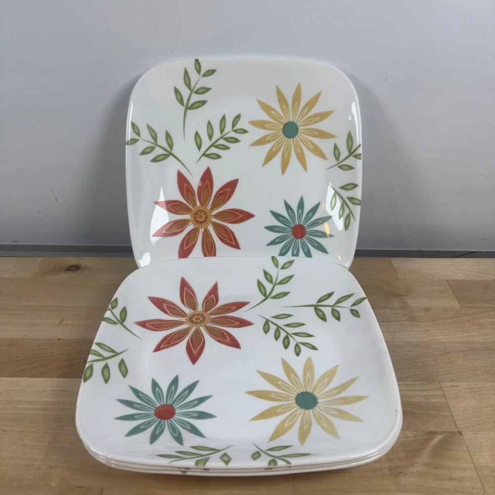 Corelle Happy Days Square Lunch Plates Set of 4 Vitrelle Floral 8.75 Inch MCM